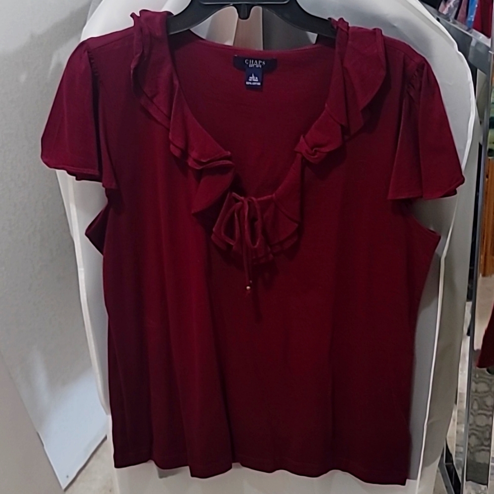 Chaps, short sleeve, ruffle collar with lace tie blouse. Burgundy red, Size L.
